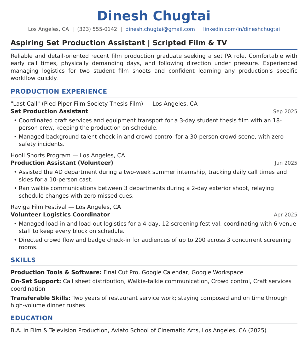 Entry-Level Production Assistant Resume Example