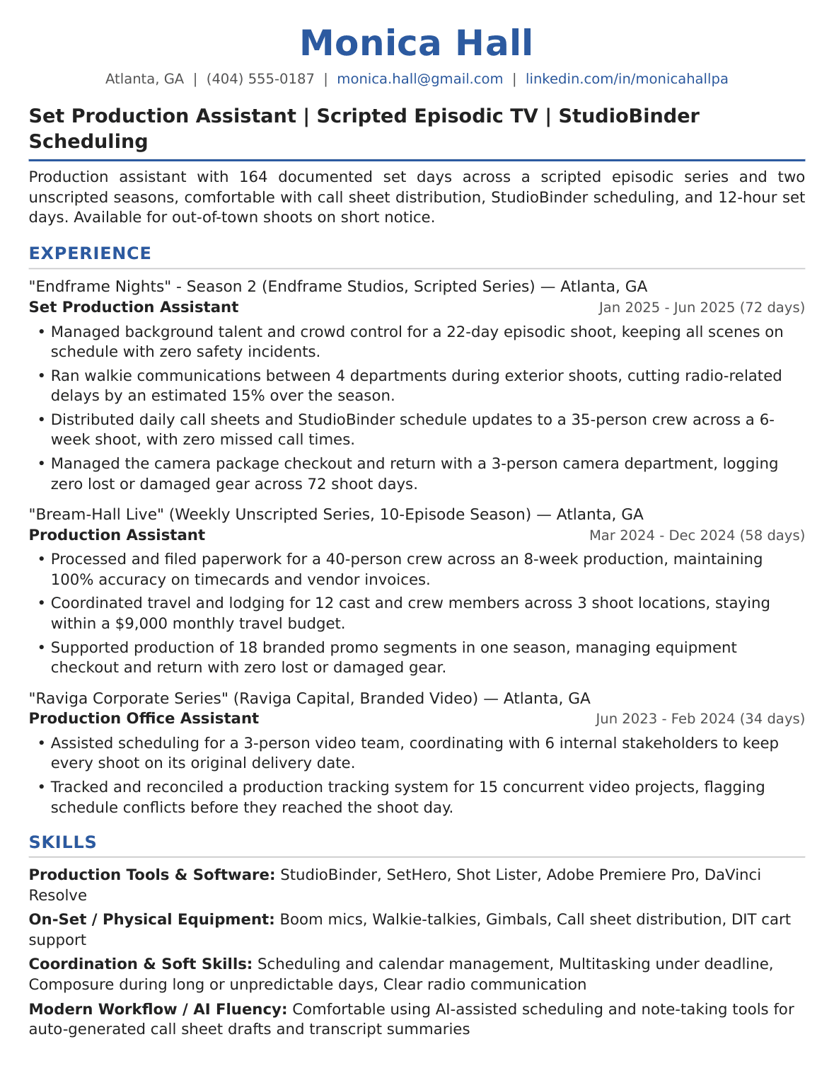 Mid-Level Production Assistant Resume Example