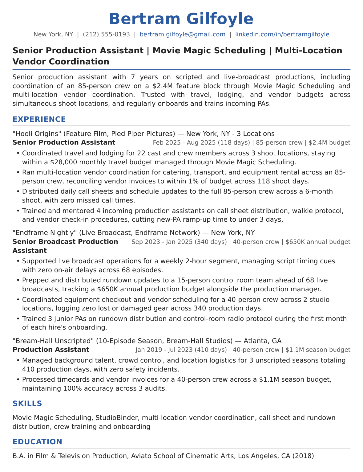 Senior Production Assistant Resume Example