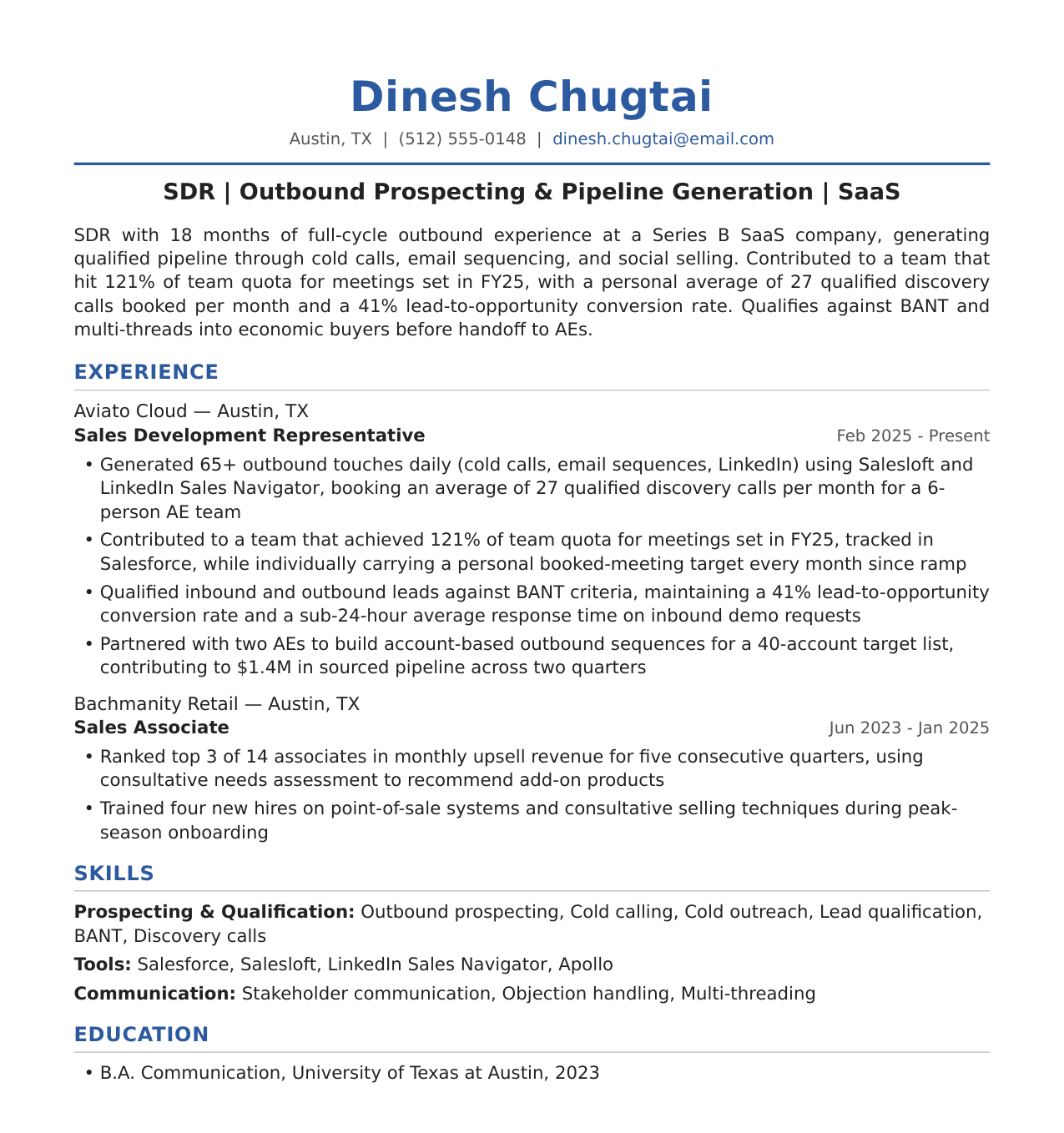 SDR/BDR Resume Example