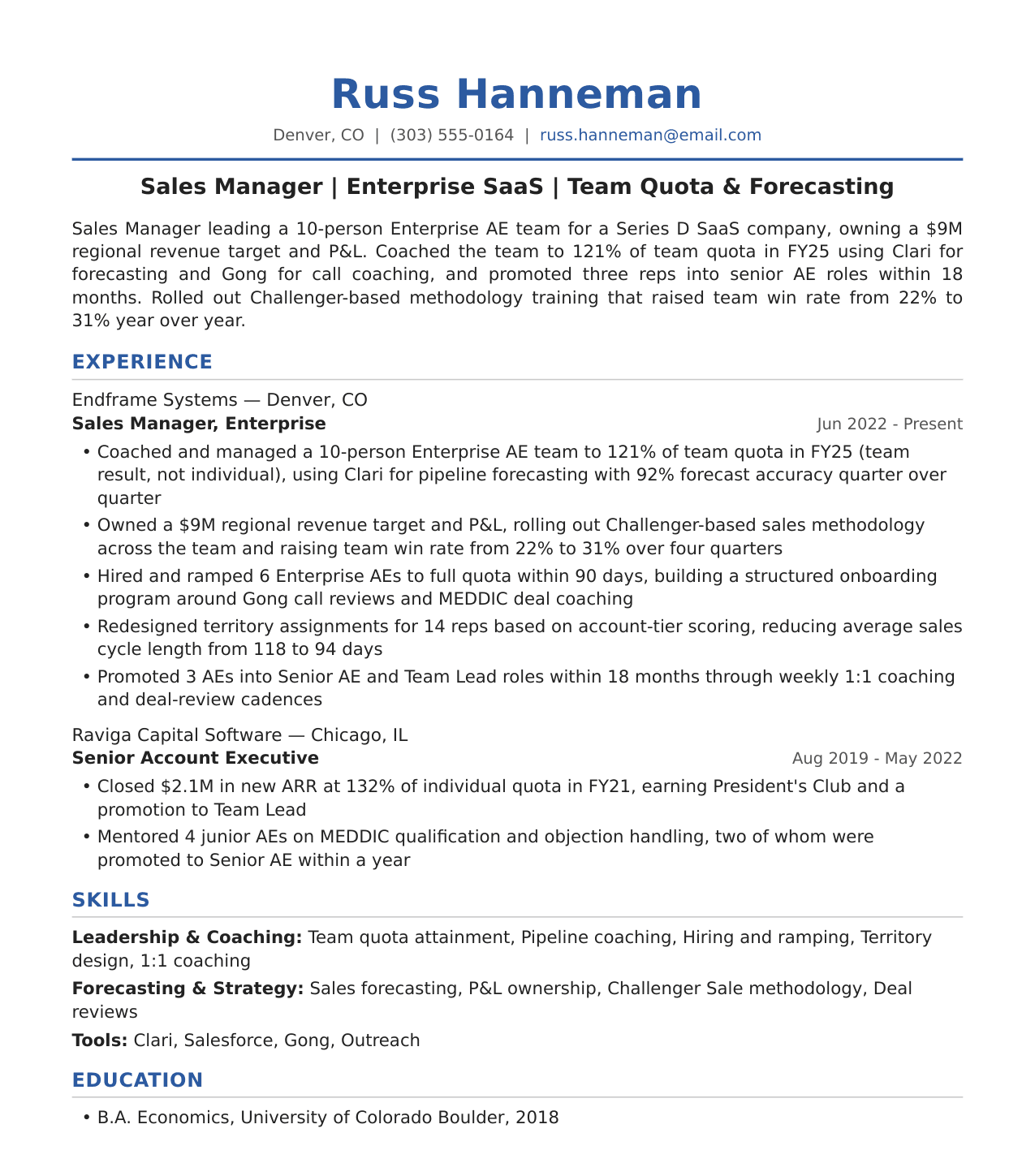 Sales Manager Resume Example