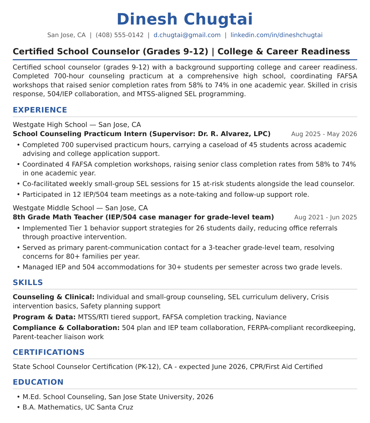 Entry-Level School Counselor Resume Example