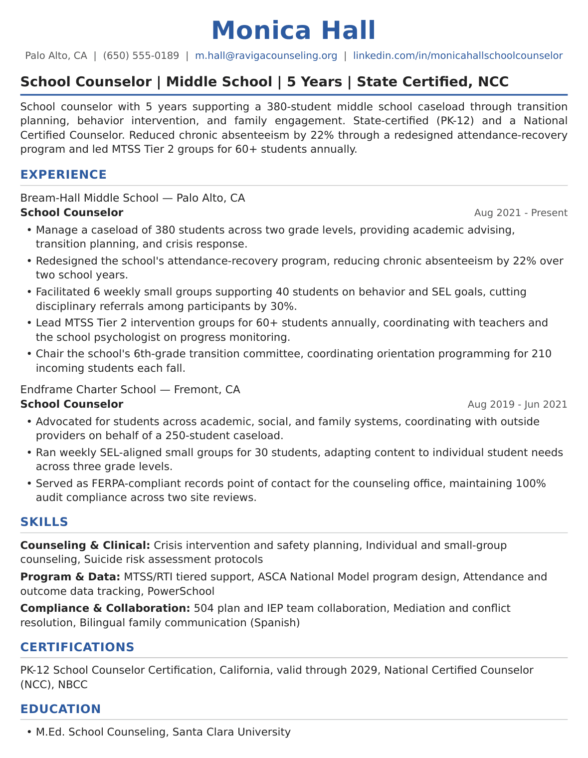 Mid-Level School Counselor Resume Example