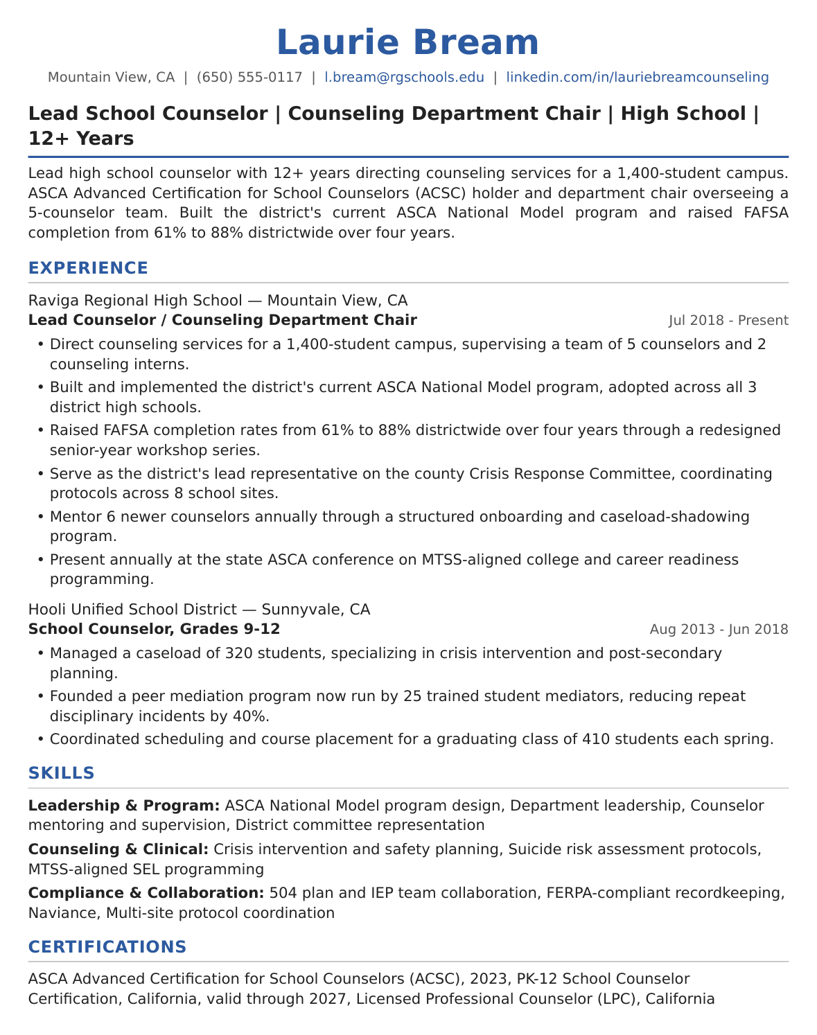 Experienced School Counselor Resume Example