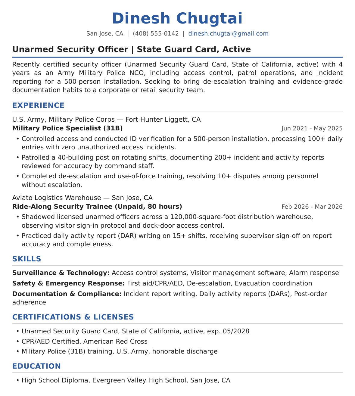Entry-Level Security Officer Resume Example