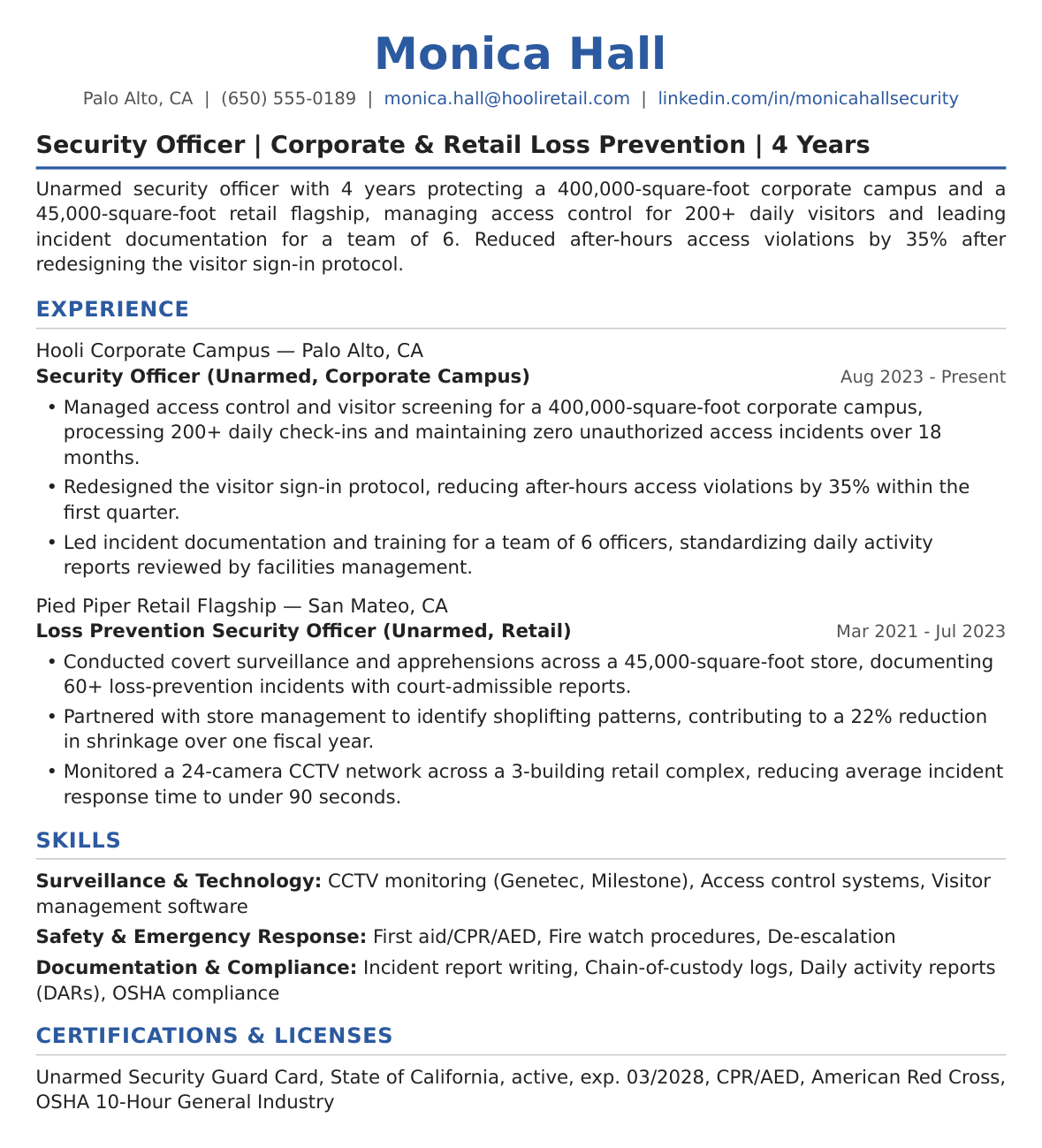 Mid-Level Security Officer Resume Example