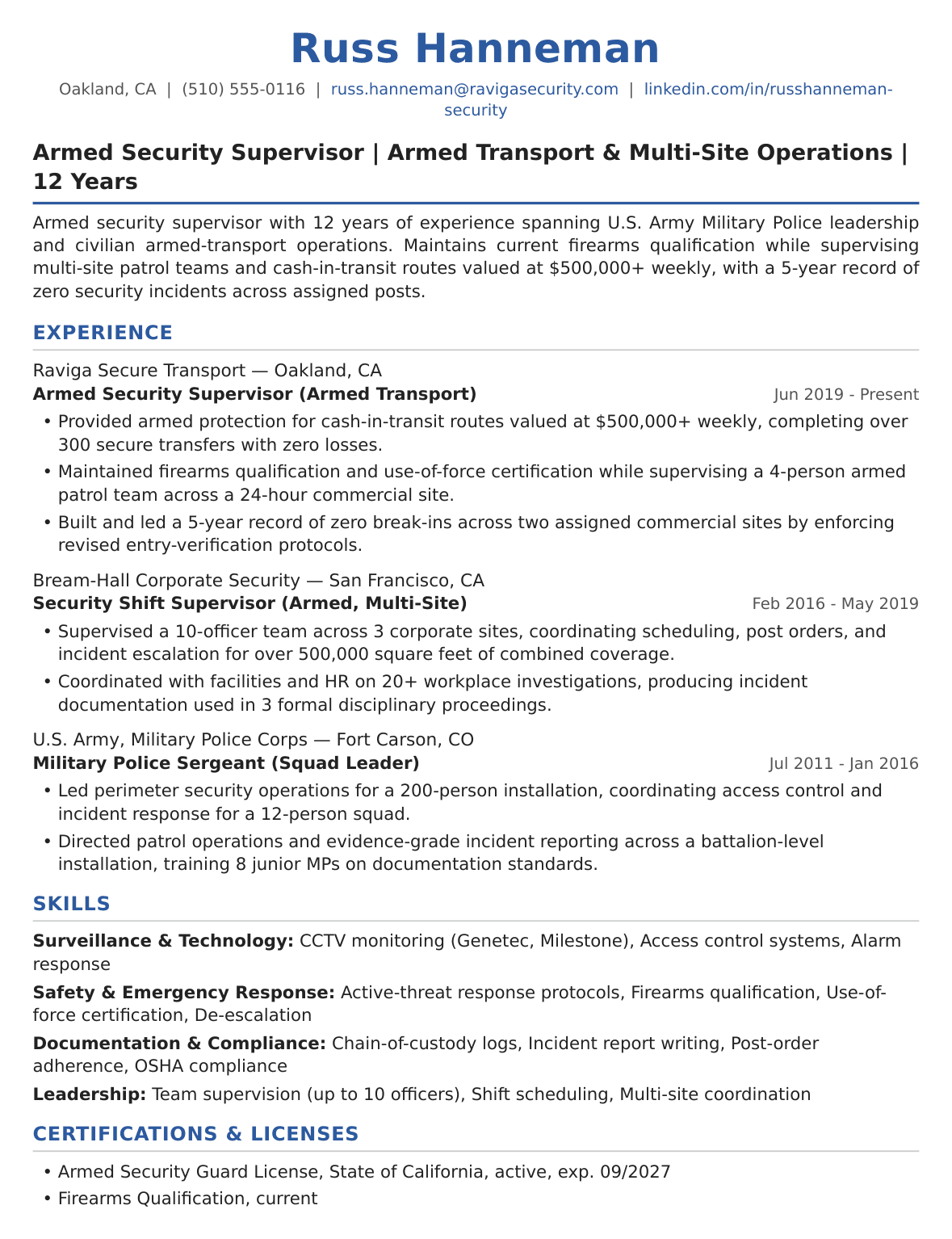 Senior Security Officer Resume Example