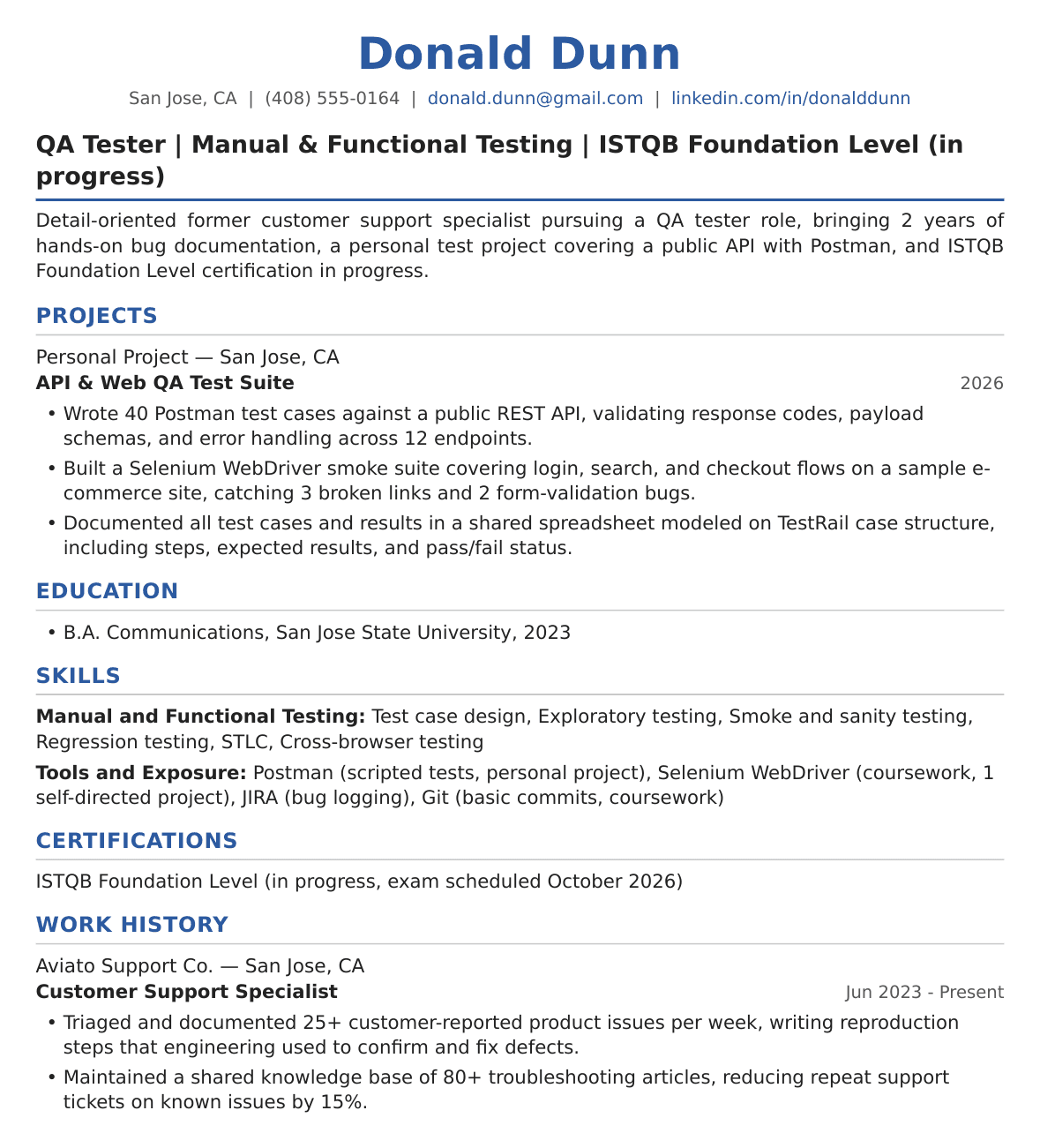 Entry-Level Software Tester Resume Example