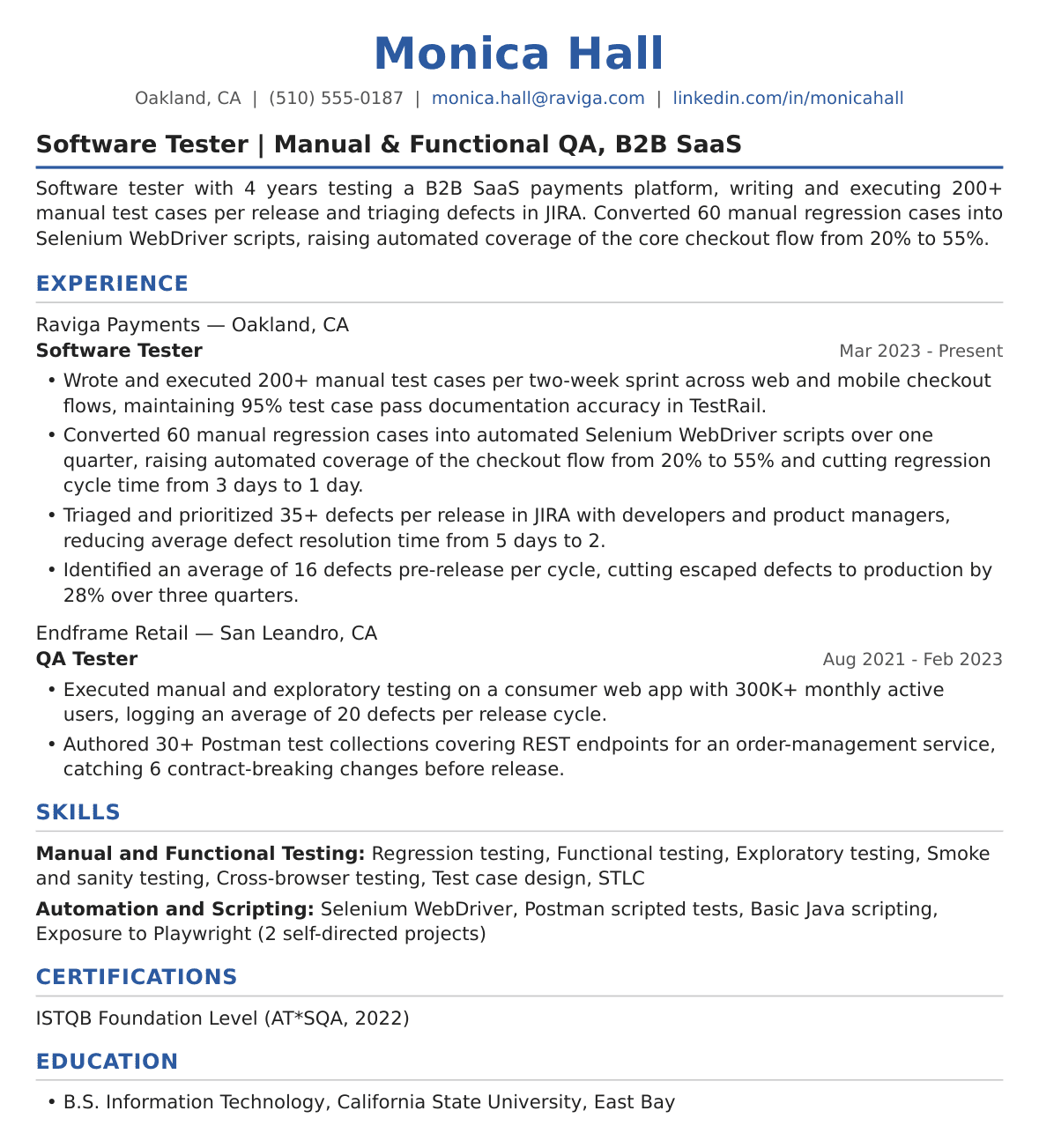 Mid-Level Software Tester Resume Example