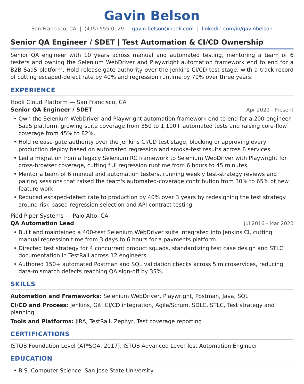 Senior Level Software Tester Resume Example