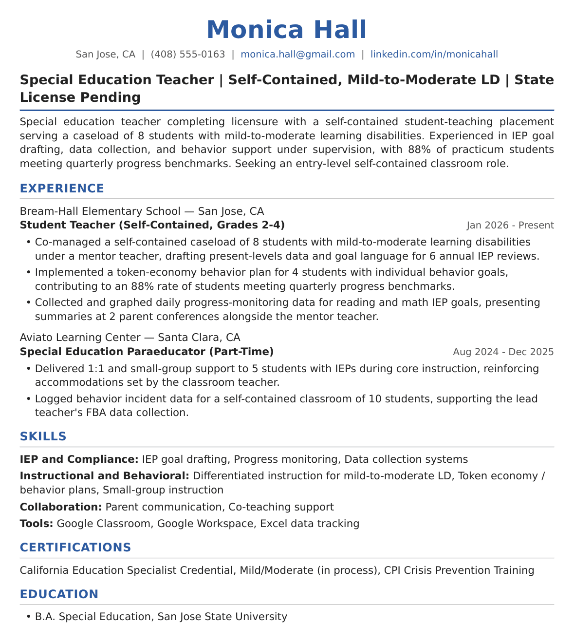 Entry-Level Self-Contained Special Education Teacher Resume Example