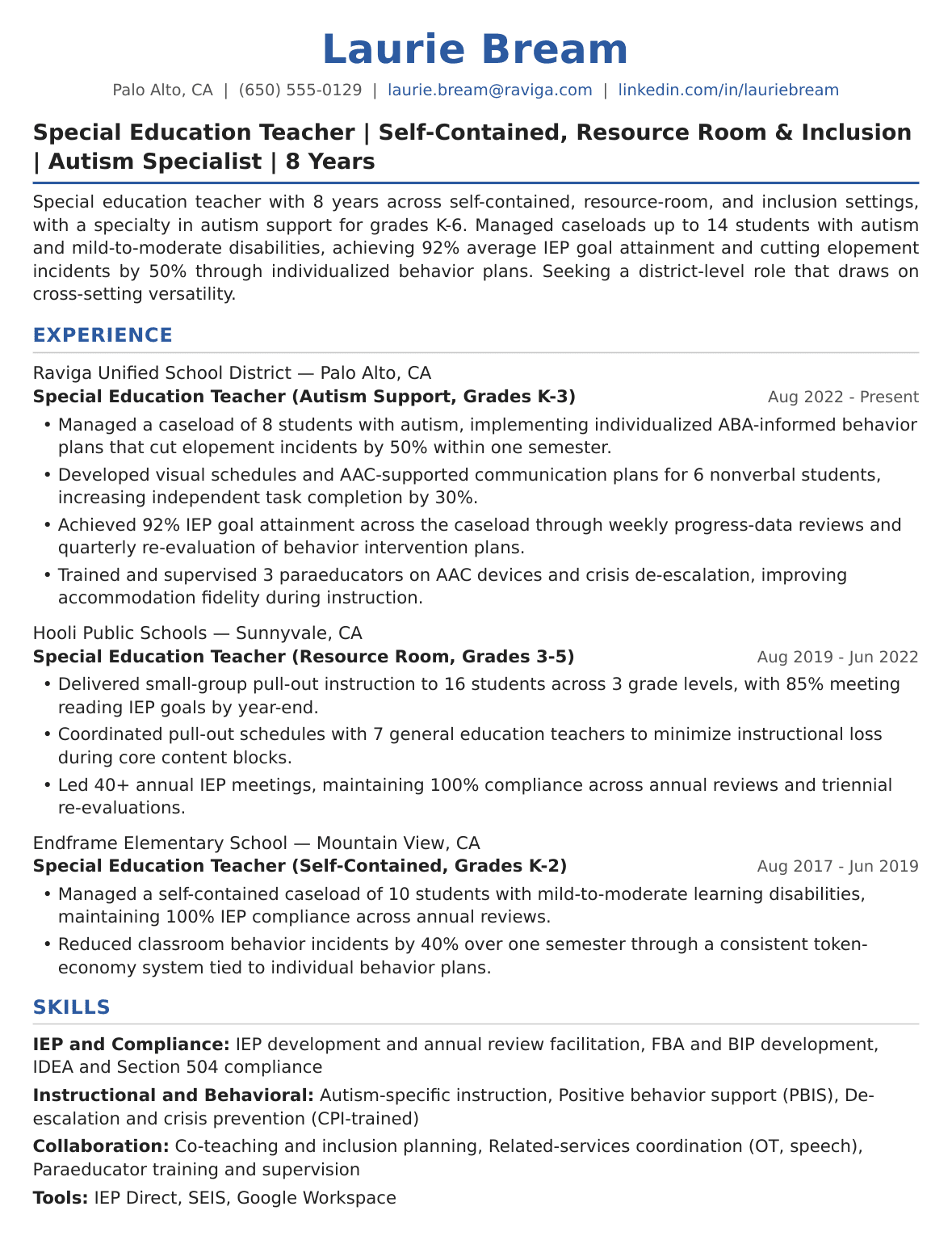 Experienced Multi-Setting Special Education Teacher Specialist Resume Example