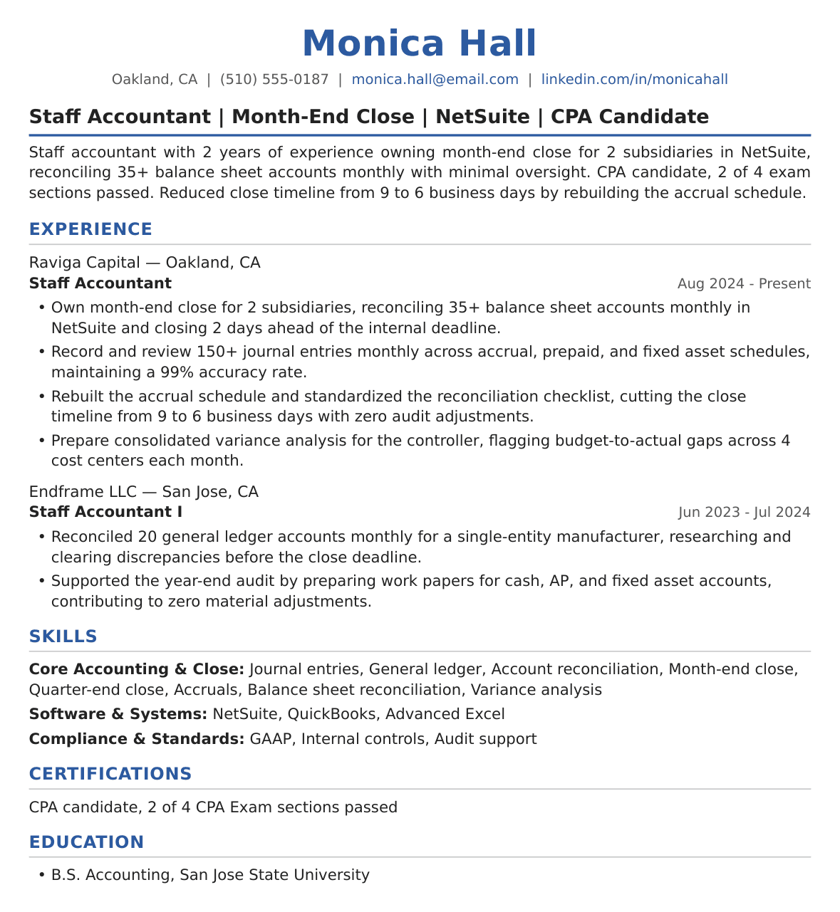 1 to 3 Years Staff Accountant Resume Example
