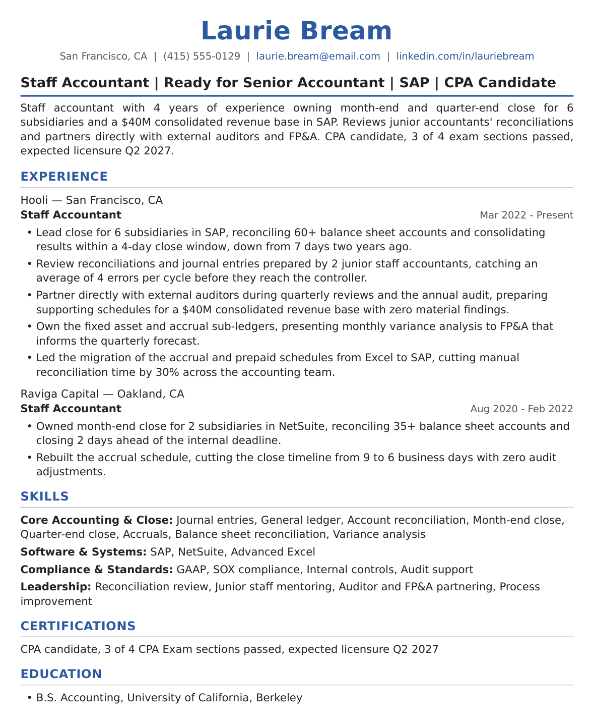 Senior-Level Staff Accountant Resume Example