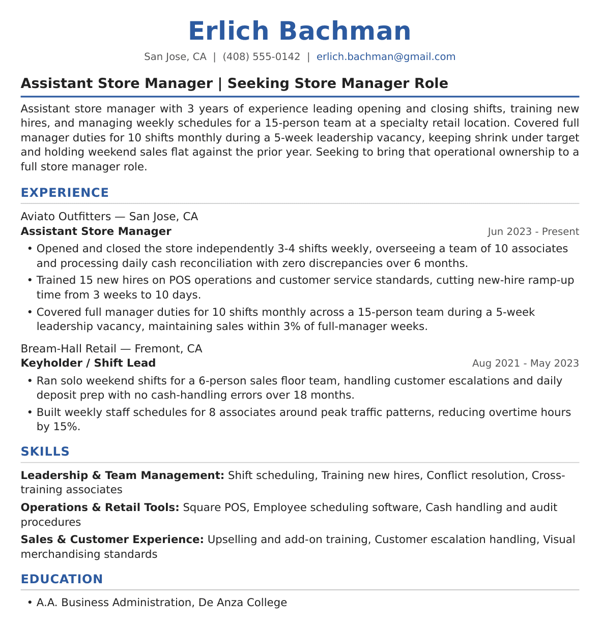 Entry-Level Assistant Store Manager Resume Example
