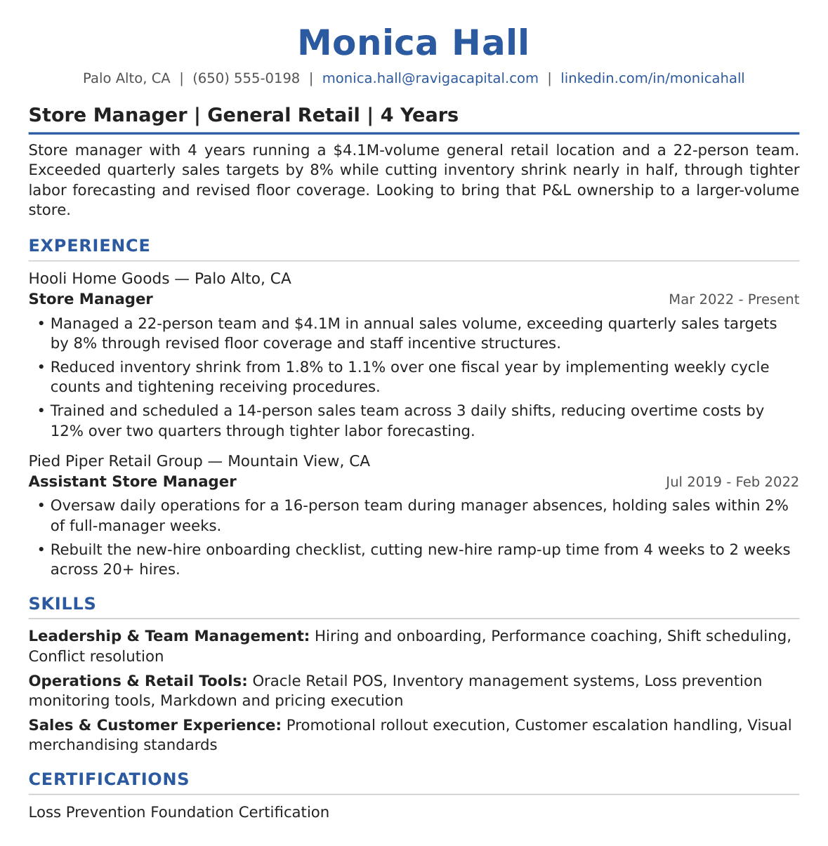 Mid-Level Store Manager Resume Example