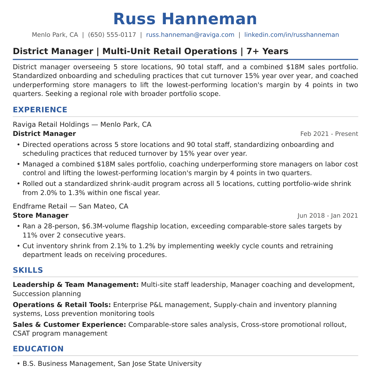Senior District Manager Resume Example