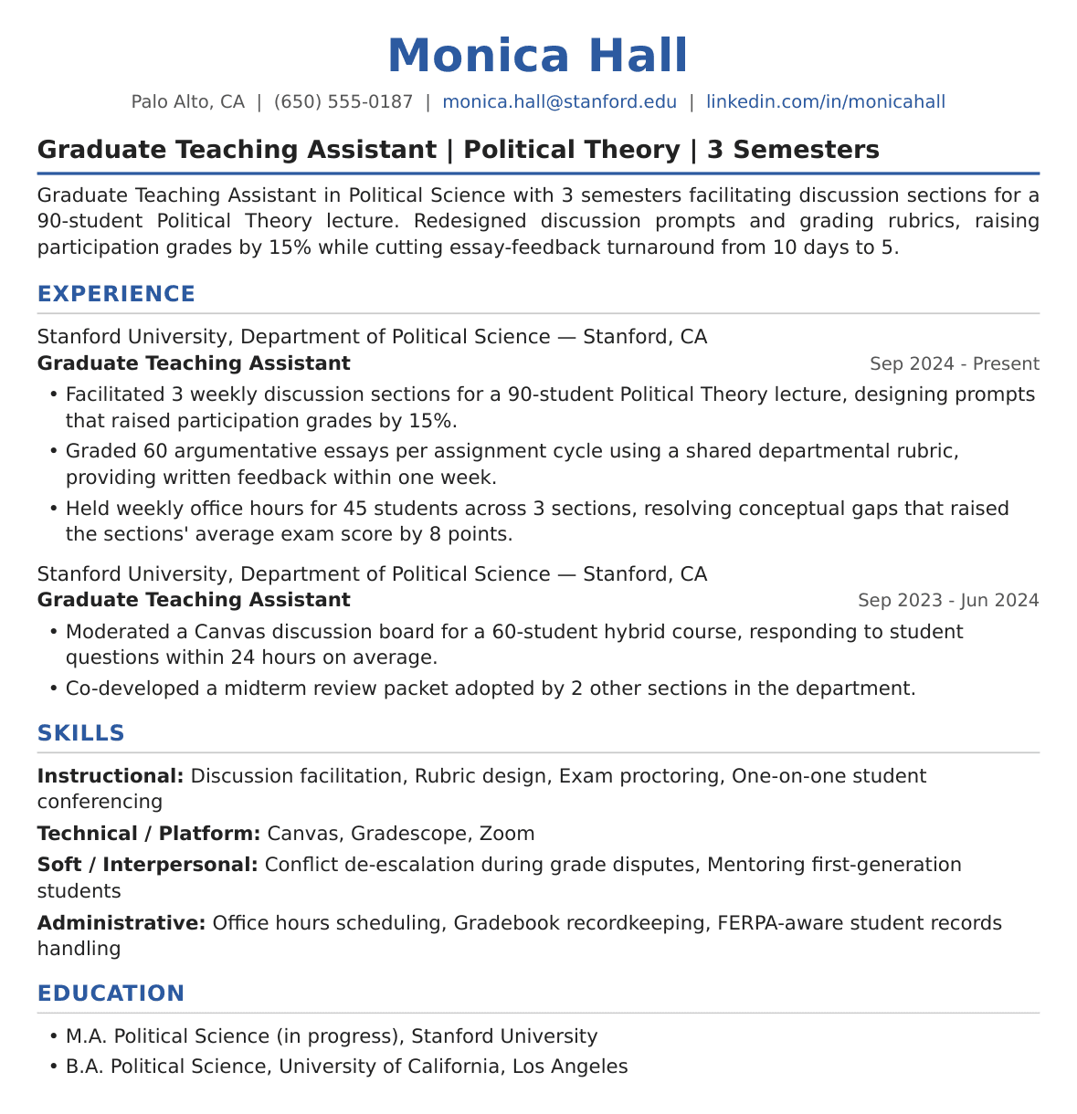 Mid-Level Teaching Assistantship Resume Example