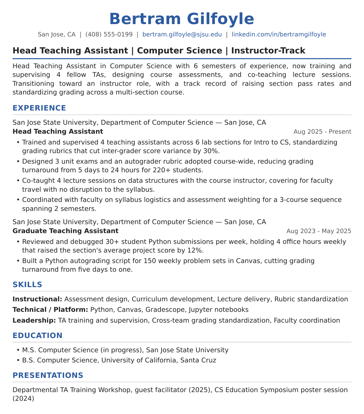 Senior-Level Teaching Assistantship Resume Example