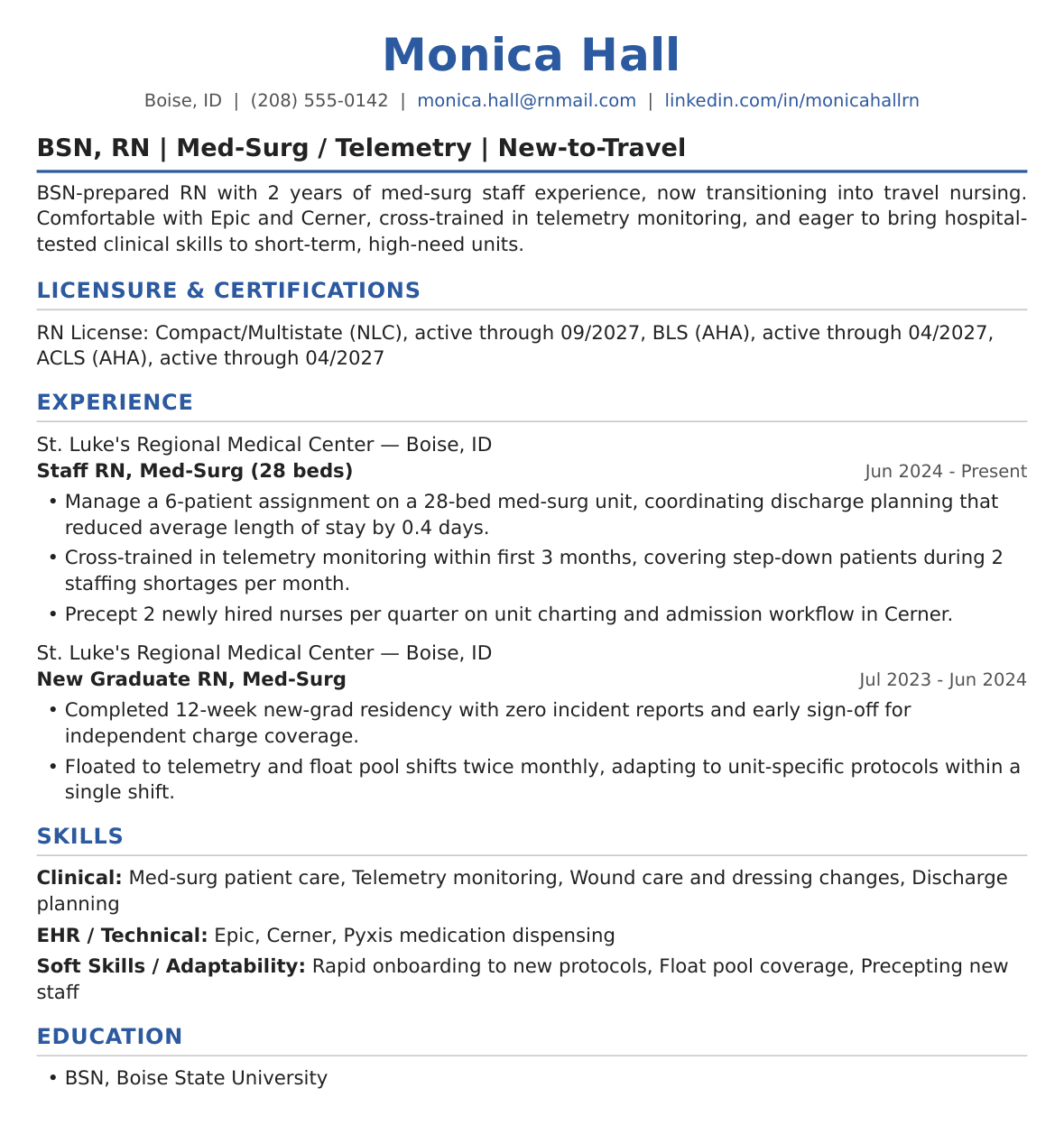 Entry-Level Travel Nurse Resume Example