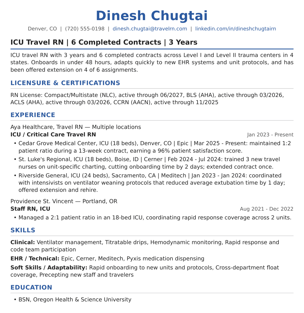 Mid-Level Travel Nurse Resume Example