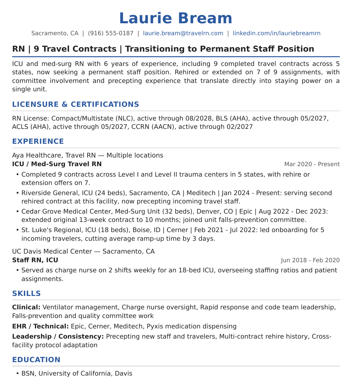 Travel-to-Permanent Transition Nurse Resume Example