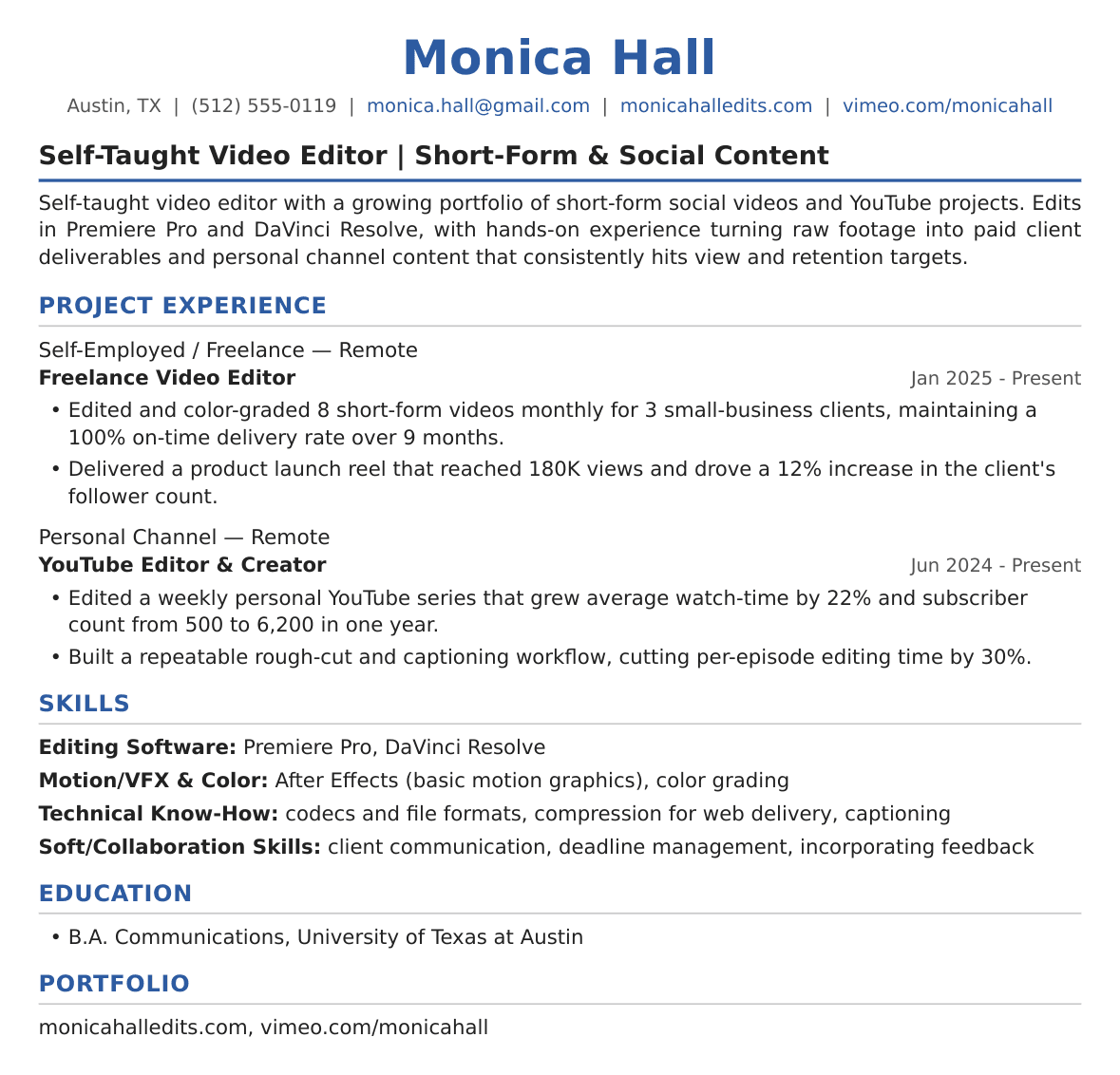 Entry-Level Video Editor Resume Example