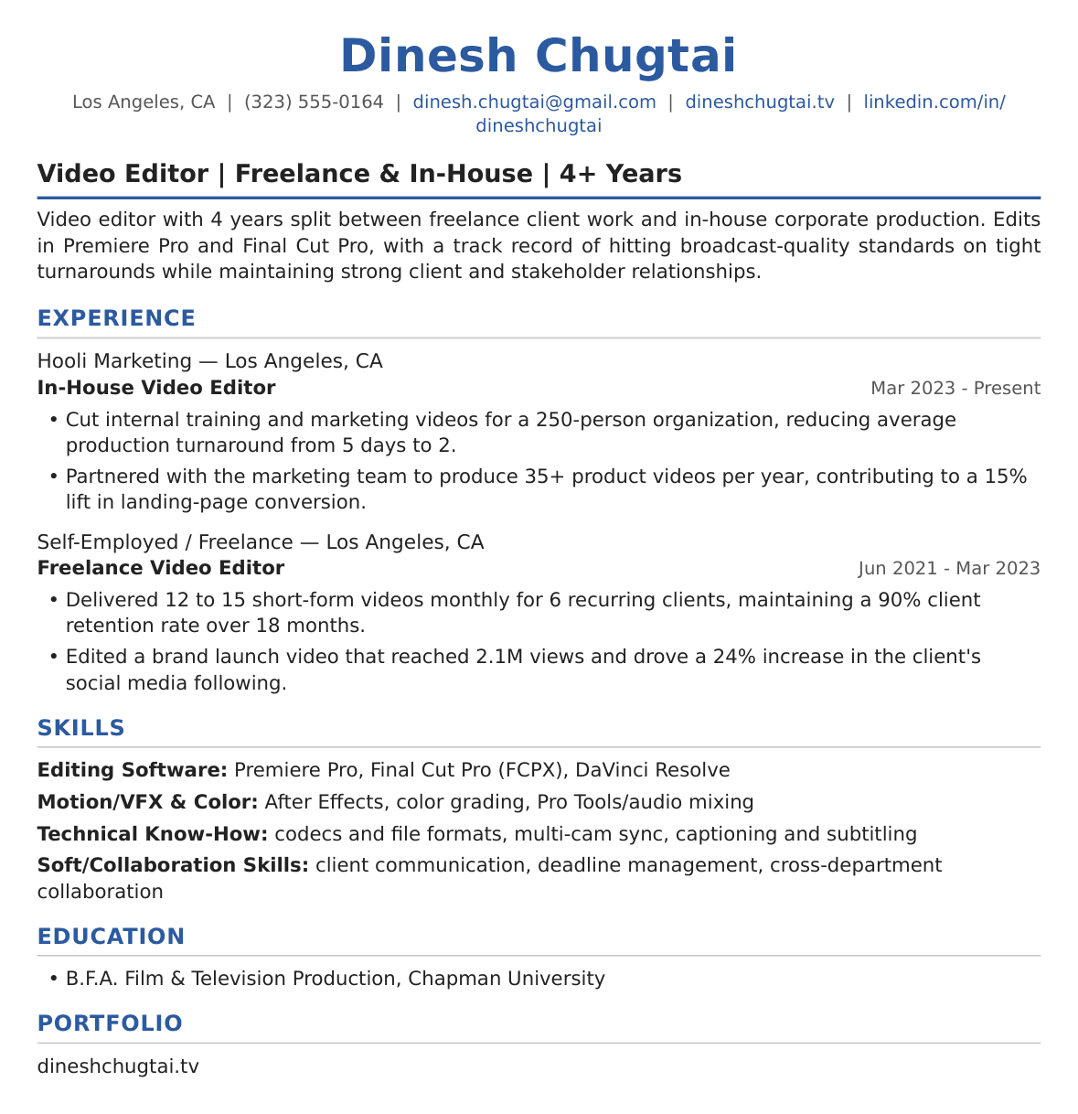 Mid-Level Video Editor Resume Example