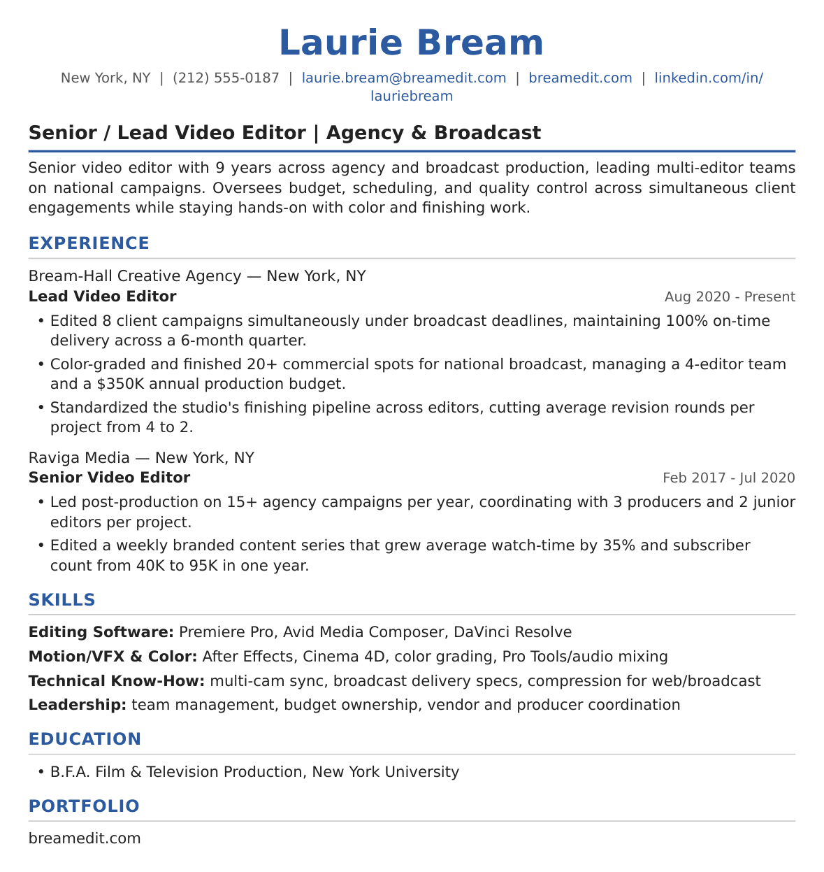 Senior Lead Video Editor Resume Example