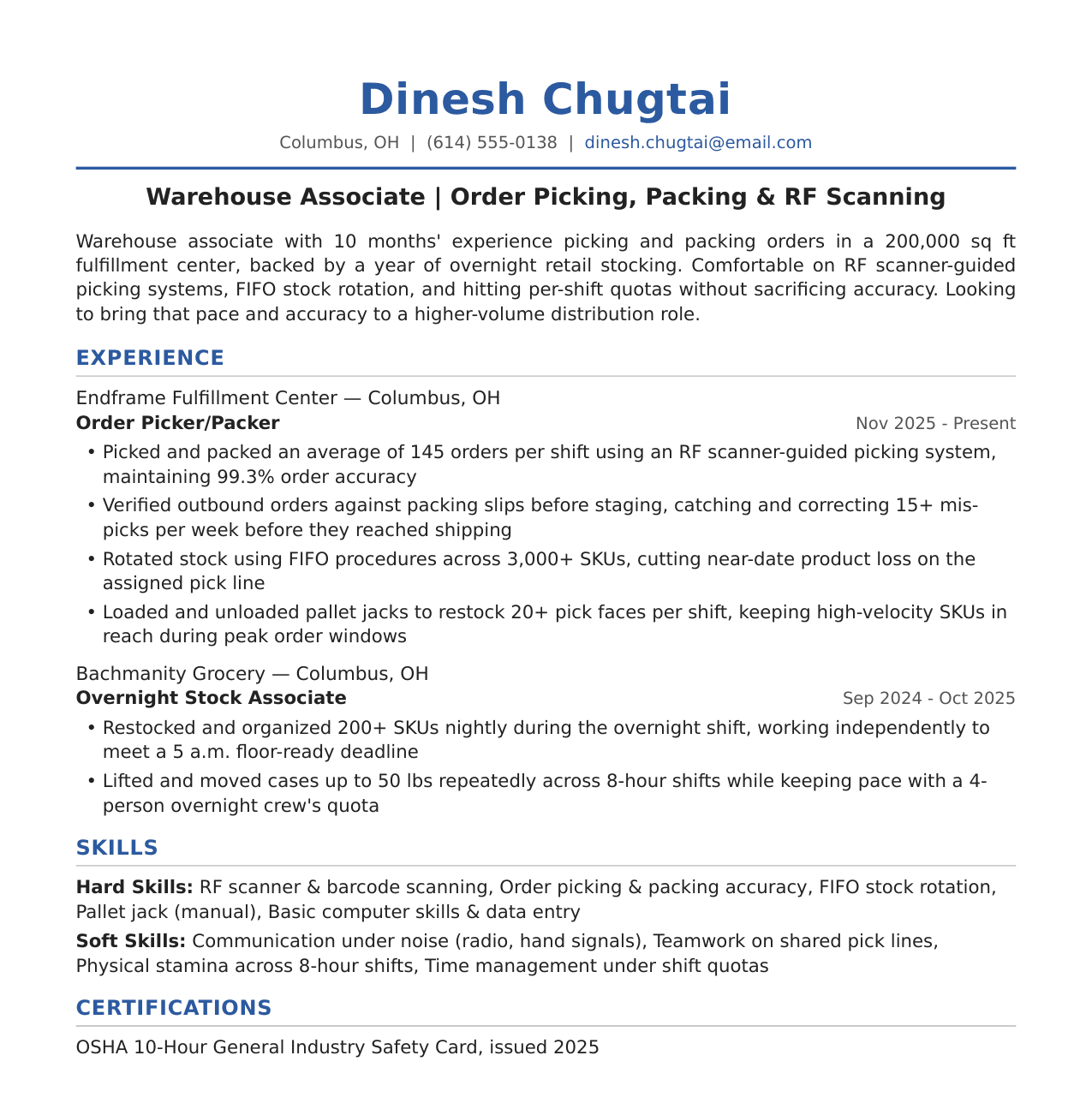 Warehouse Associate Resume Example