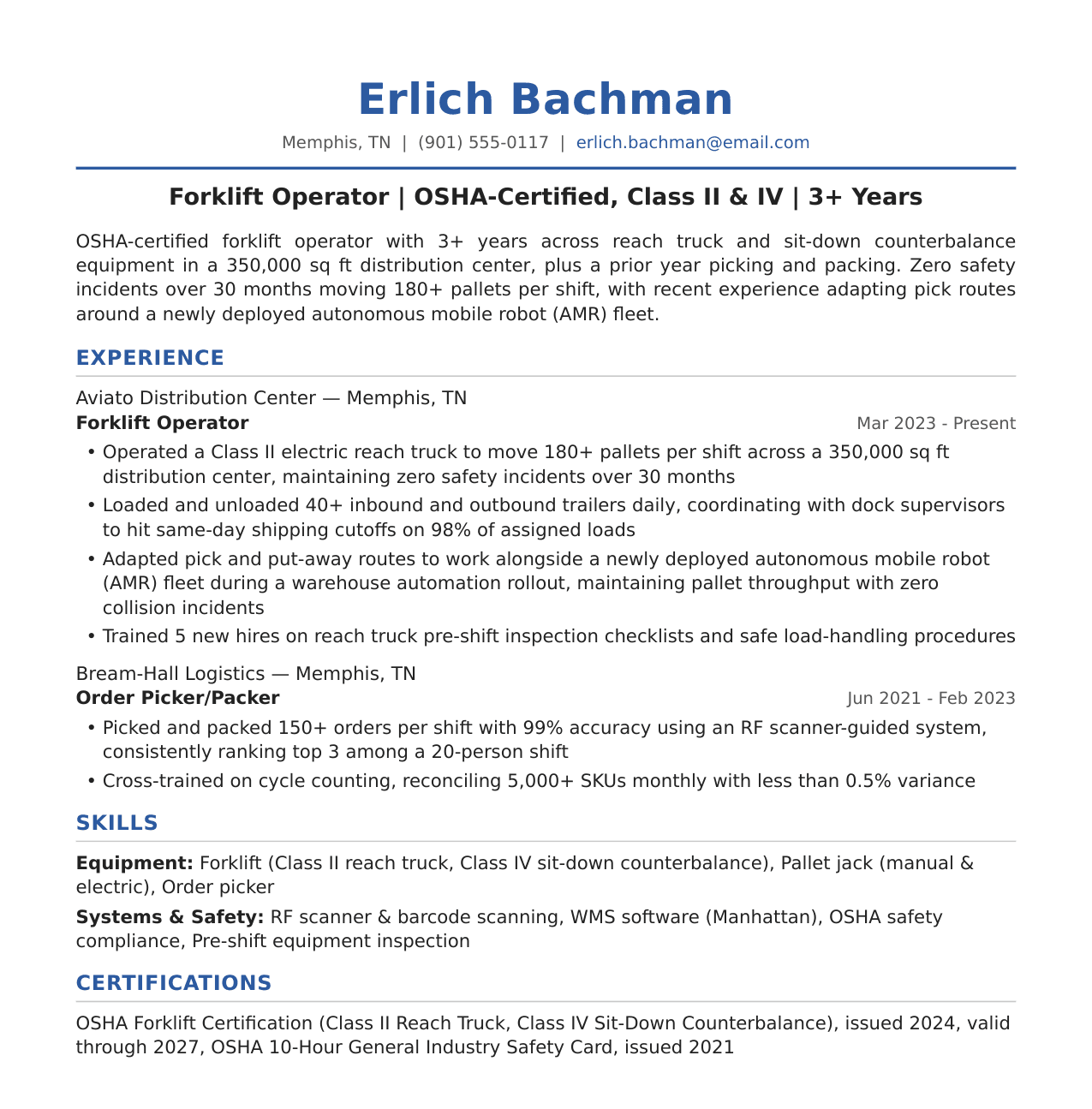 Forklift Operator Resume Example