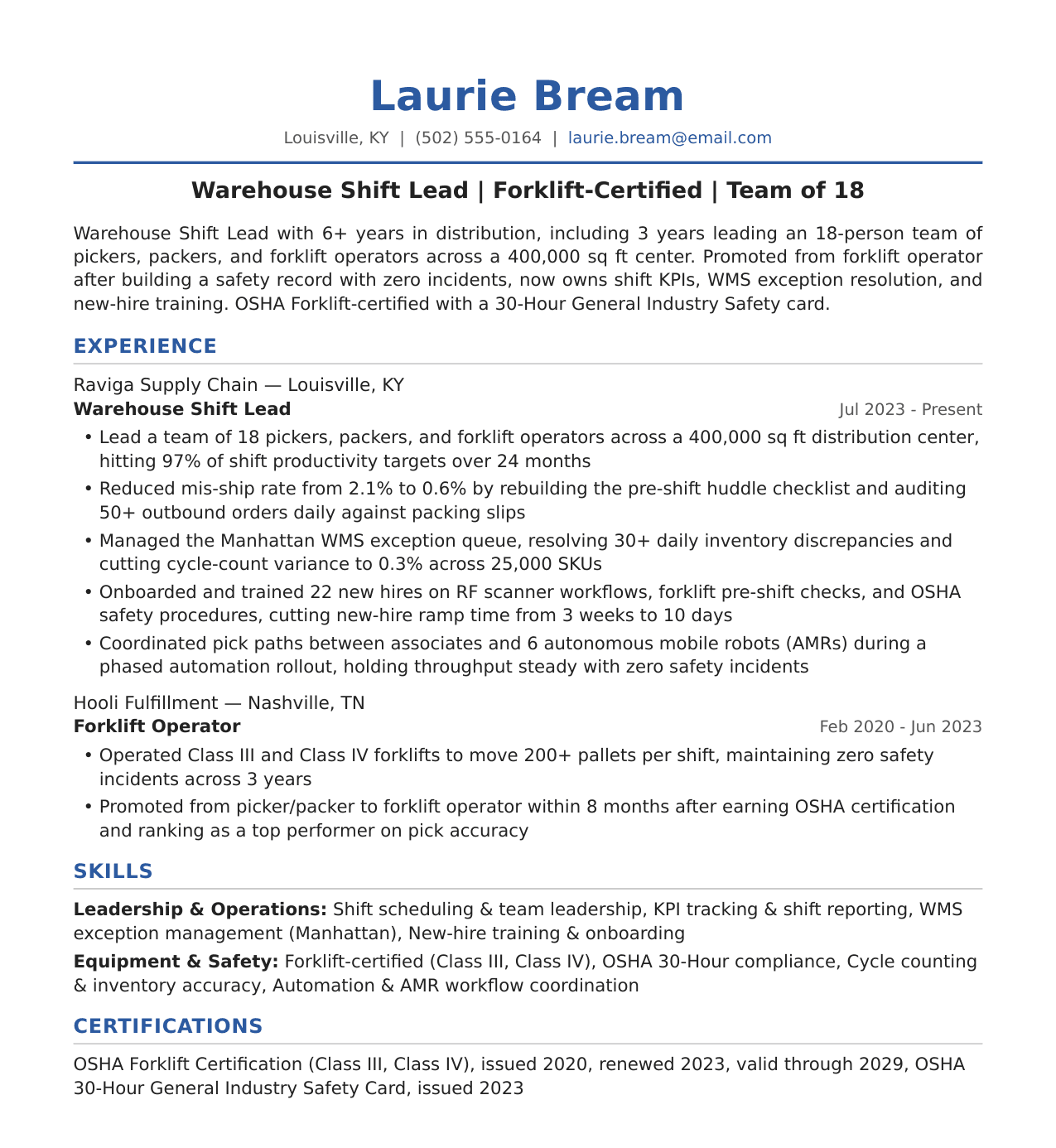 Warehouse Shift Lead Resume Example