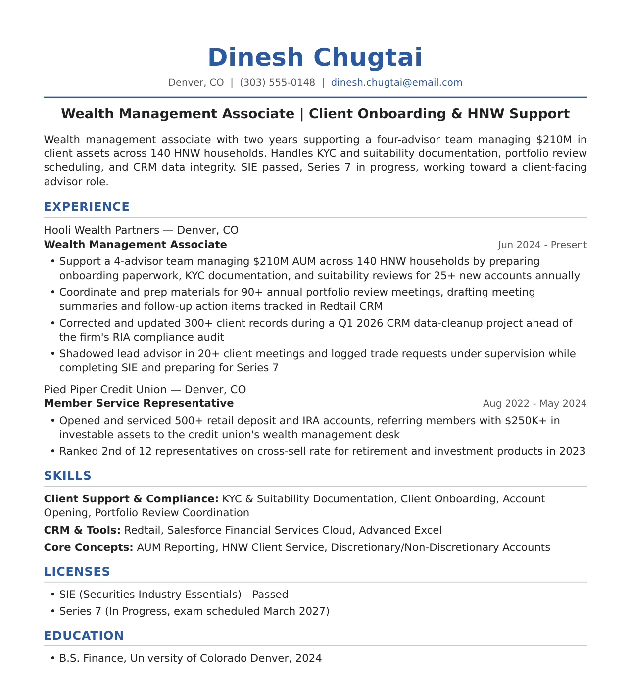 Wealth Management Associate Resume Example