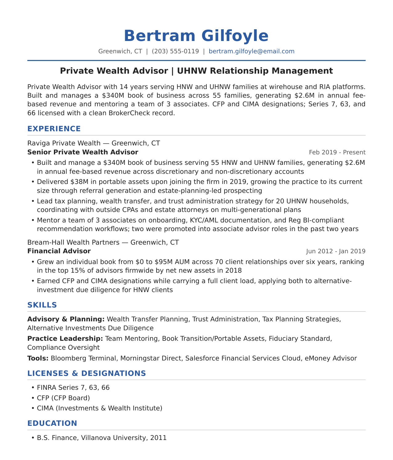 Private Wealth Advisor Resume Example