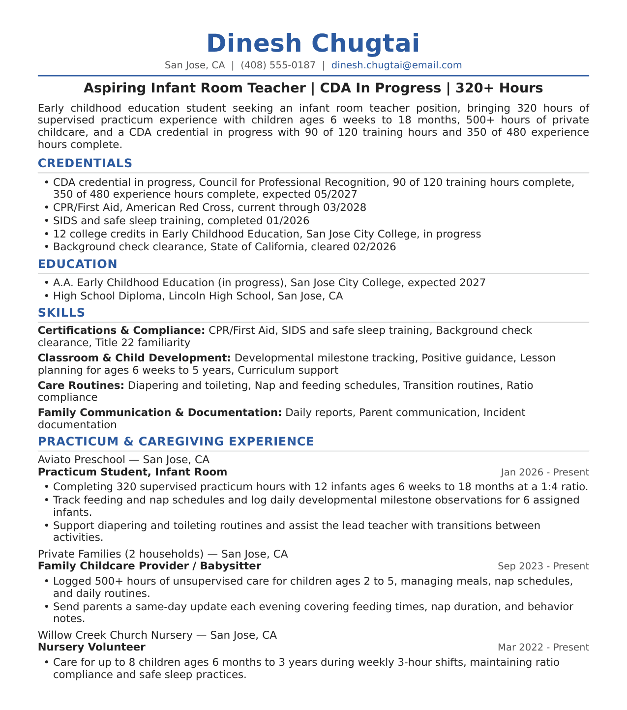 Entry-Level Daycare Teacher Resume Example