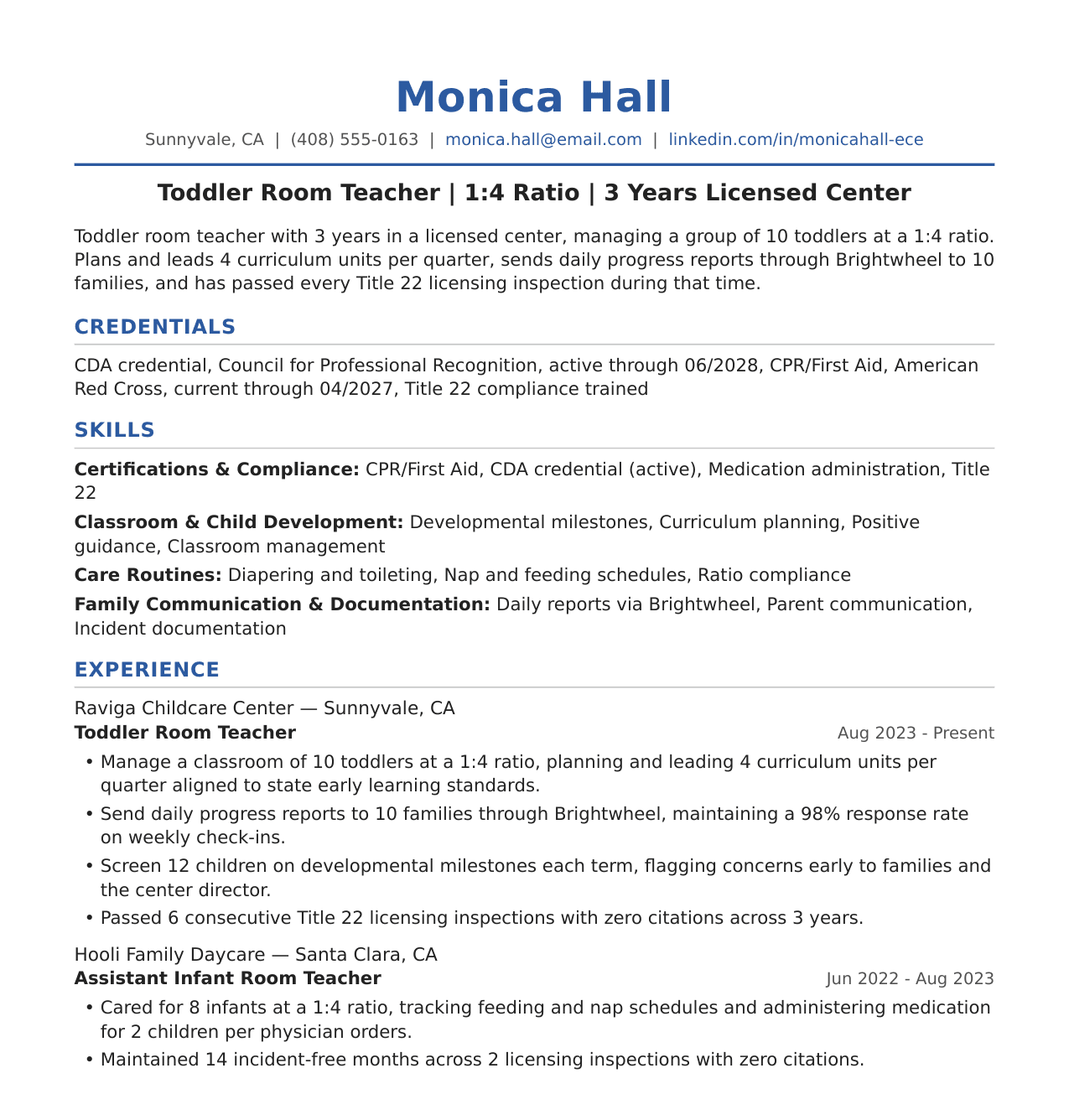 Experienced Daycare Teacher Resume Example