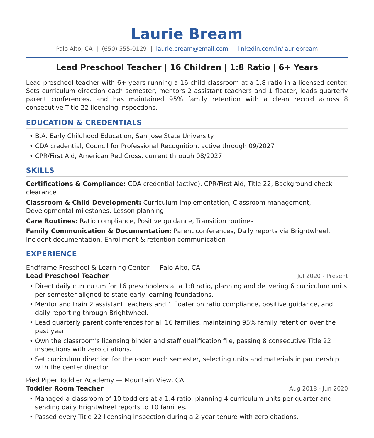 Lead Teacher Resume Example