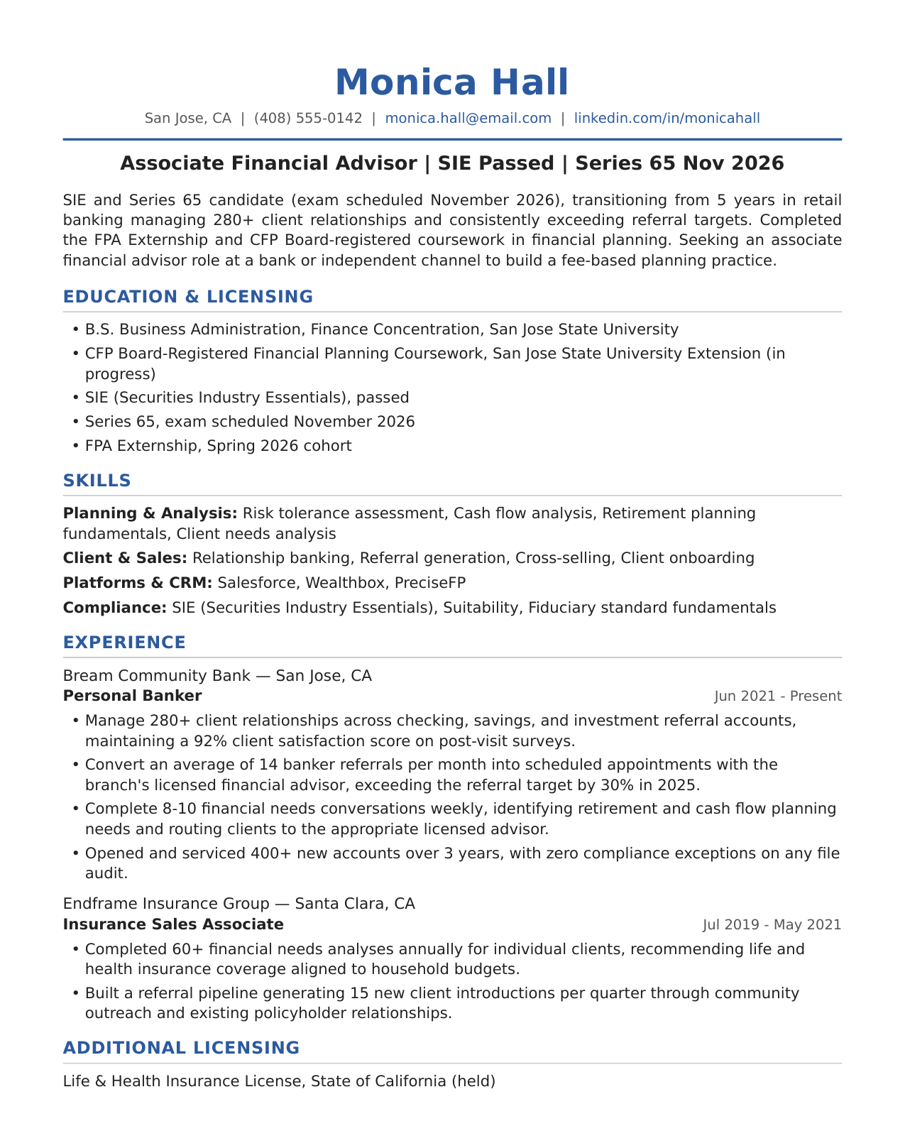 Entry-Level Financial Advisor Resume Example