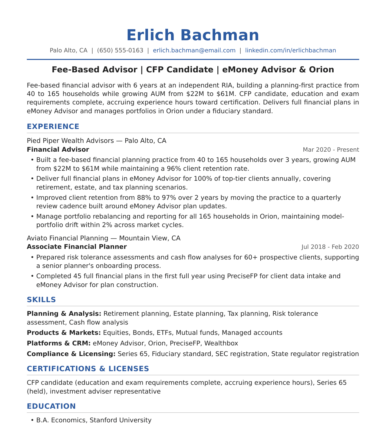 Independent RIA Financial Advisor Resume Example