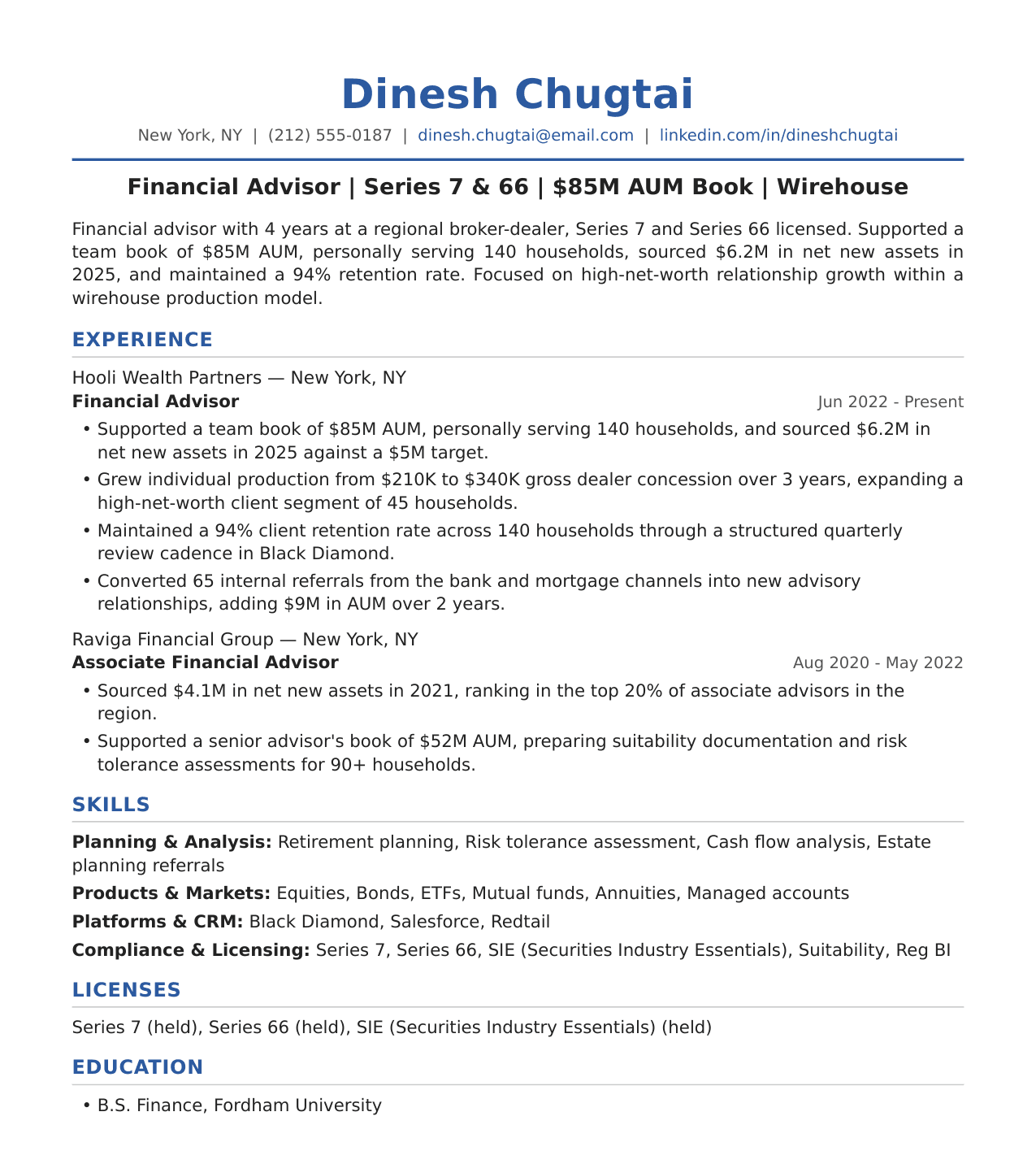 Wirehouse Financial Advisor Resume Example