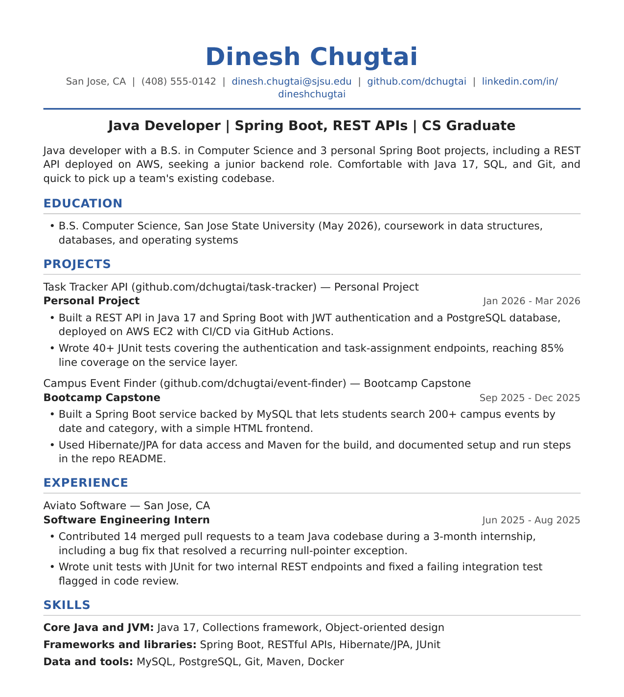 Entry-Level Java Developer Resume Example