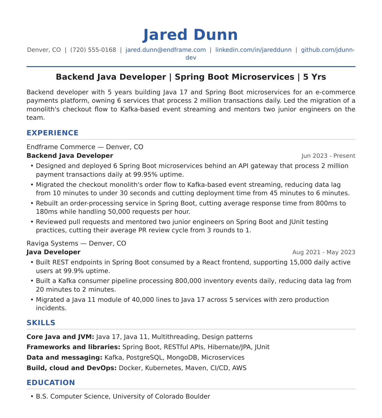 Mid-Level Java Developer Resume Example