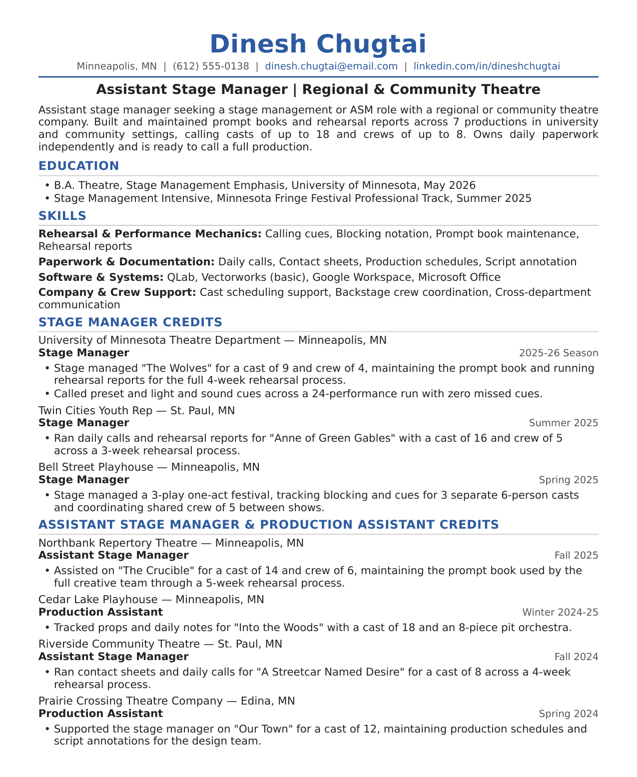 Early-Career Stage Manager Resume Example