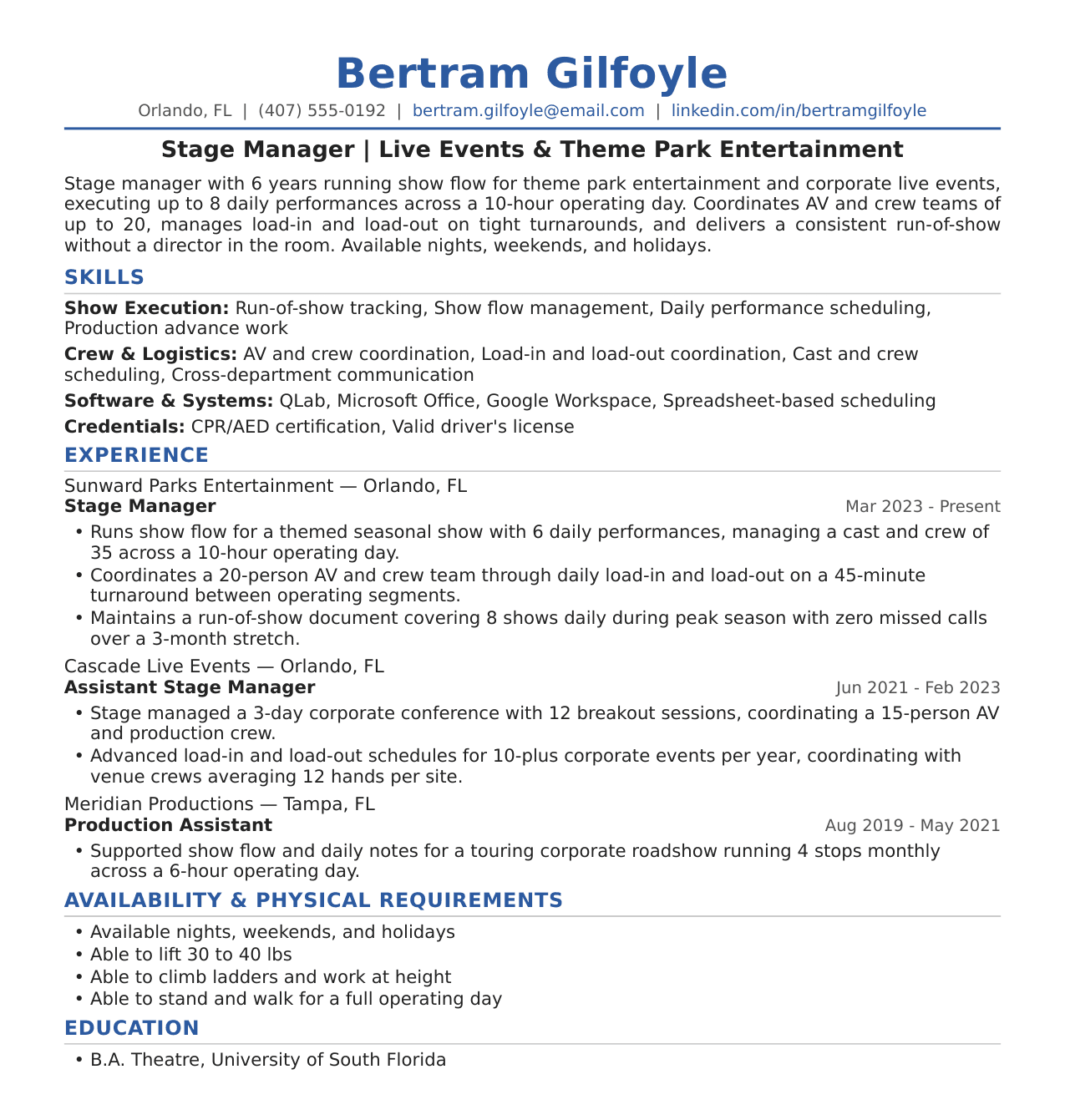 Live Events Stage Manager Resume Example