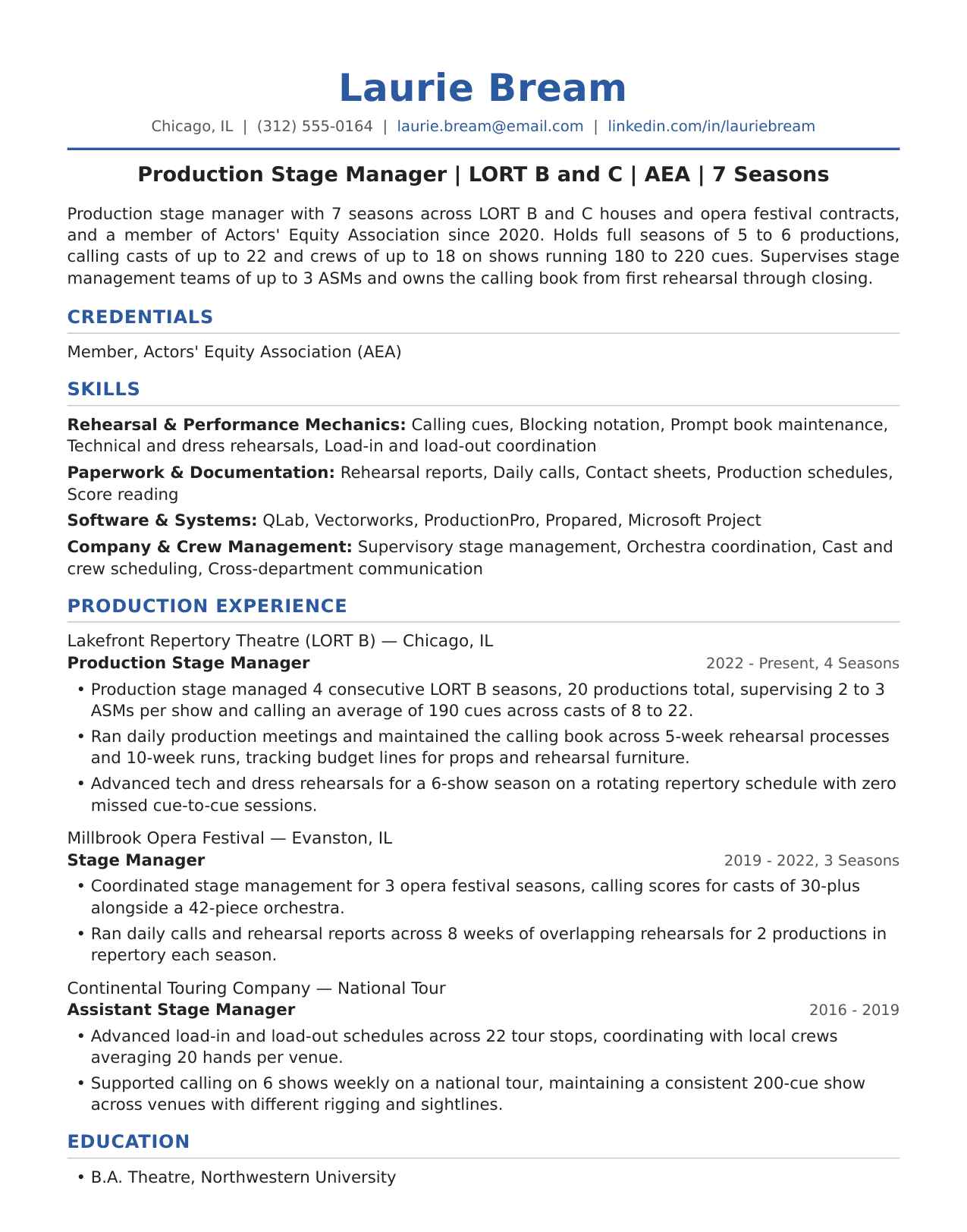 Production Stage Manager Resume Example
