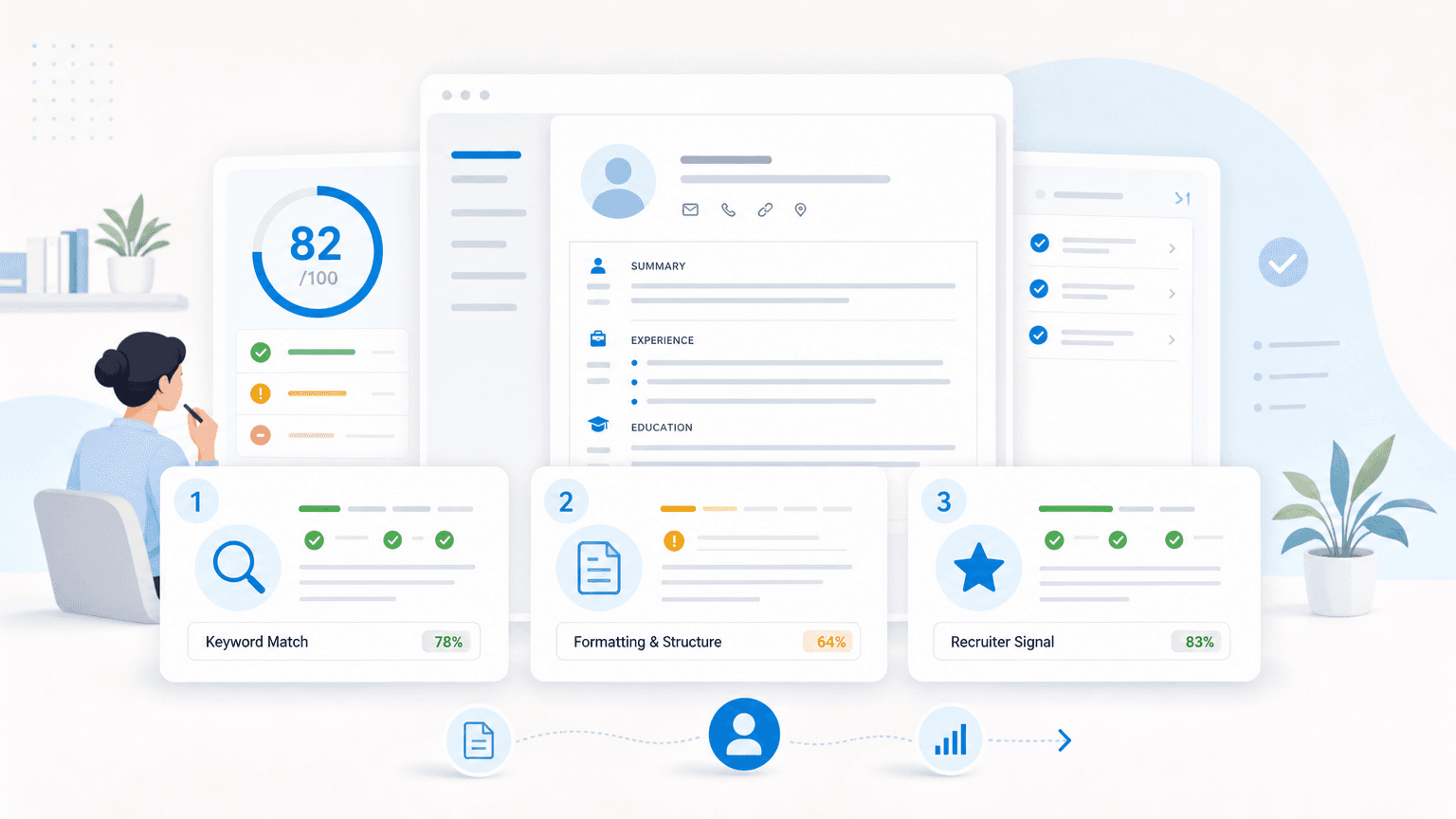 Three resume screening insight cards for keyword match, formatting, and recruiter signal.