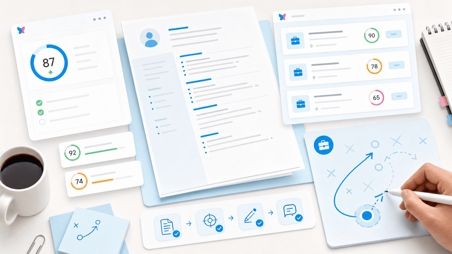 A job-search playbook scene with resume documents, route arrows, score chips, and career strategy UI.
