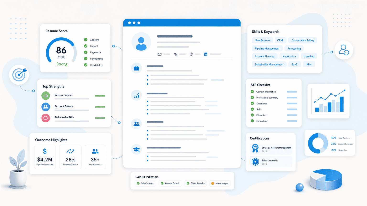 Account Executive Resume: Tips and Examples for 2026 cover image showing a clean resume dashboard with certification cards, skills chips, outcome metrics, checklist modules.