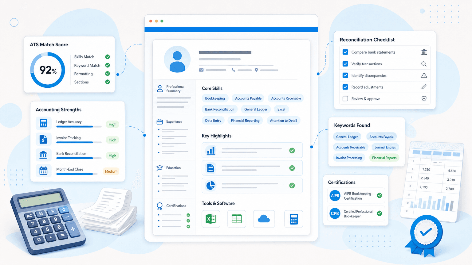 Accounting Assistant Resume: Examples, Skills & Tips cover image showing a clean resume dashboard with ledger accuracy cards, invoice tracking chips, reconciliation checklist, spreadsheet-style metrics.