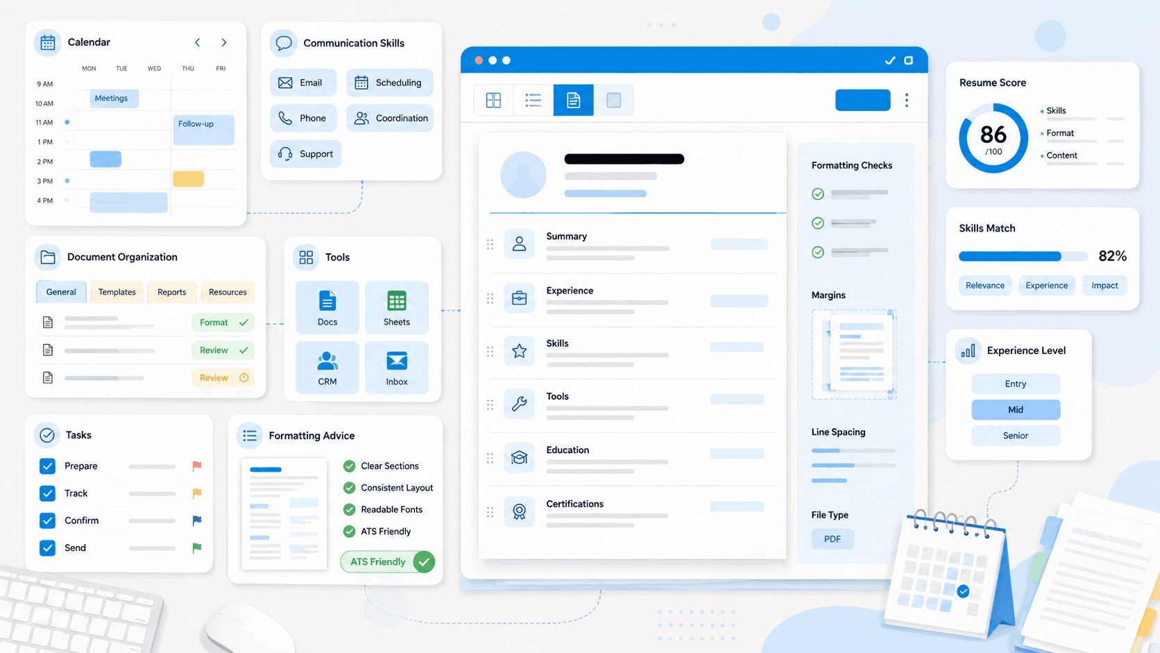 Administrative assistant resume displayed in a clean office workspace with resume score cards, skills tags, and multiple resume layouts for different experience levels.